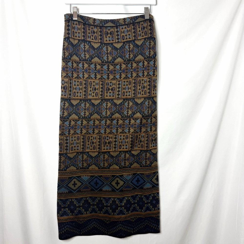 Women's Peruvian Connection Brown Blue Patterned Knit Maxi Skirt S